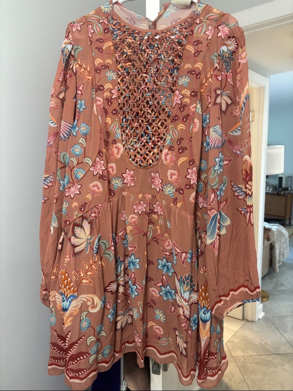 Boho Floral Crochet-Front Tunic Dress in Dusty Rose